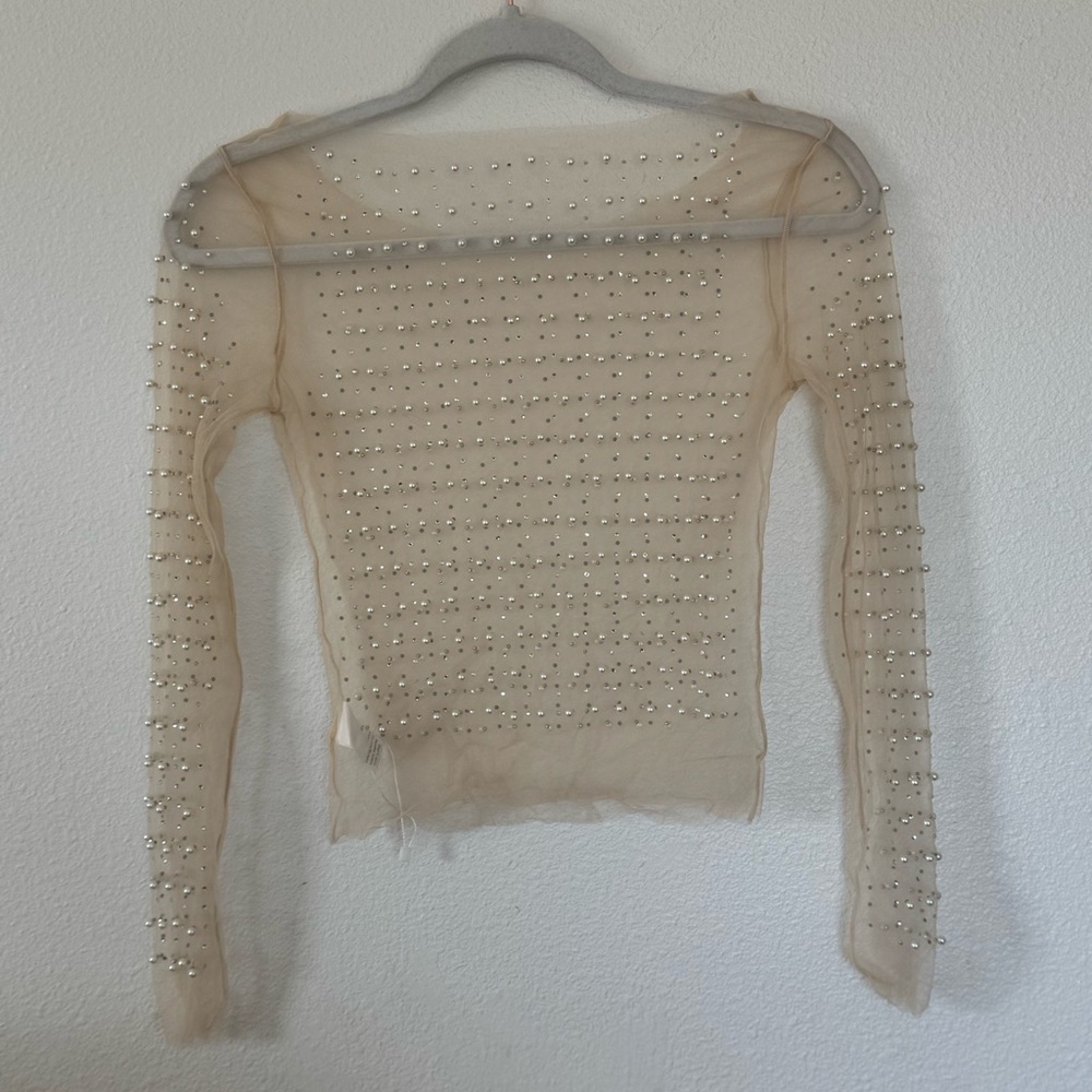 Sheer Pearl Beaded Mesh Top Nude Champagne Long Sleeve Evening Blouse XS NEW - Picture 5 of 10